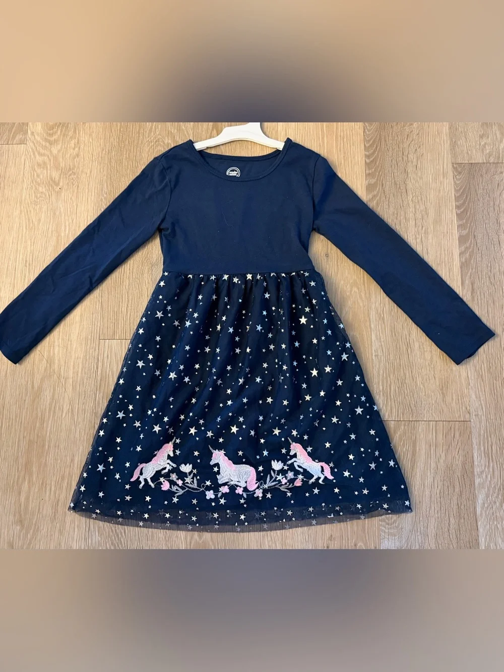 Wonder Nation Girl's Size 6/6X Navy Dress With Star Pattern & Pink Unicorns
